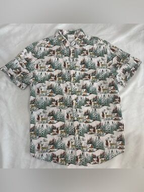 Denim & Flower Mens Shirt White Cabin Deer Forest Button Up Size L 100% Cotton